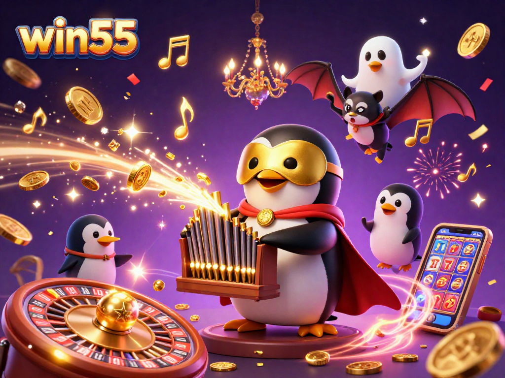Experience the excitement of win55 with a whimsical 3D scene featuring a penguin and casino elements