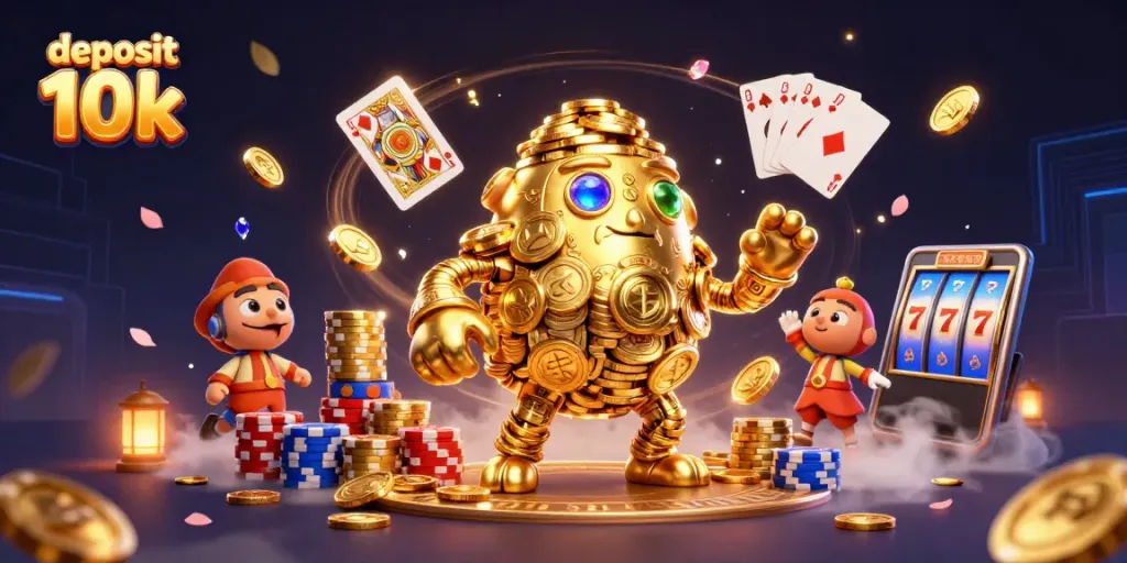 Spin the reels for big wins with our deposit 10k slots illustration featuring golden golems and slot symbols.