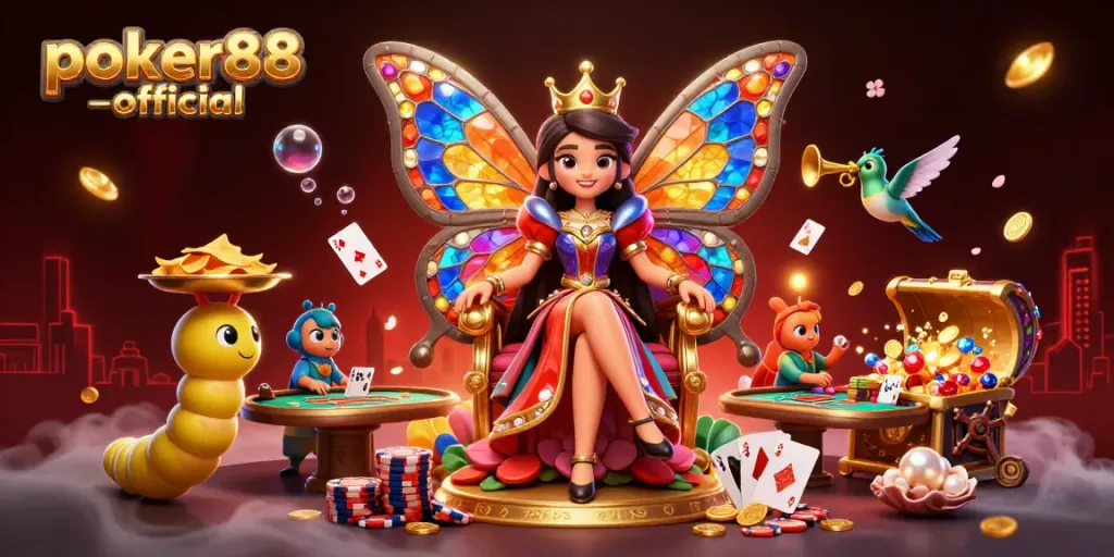 Engage with poker88-official in a vibrant 3D scene featuring a regal butterfly queen and poker elements.