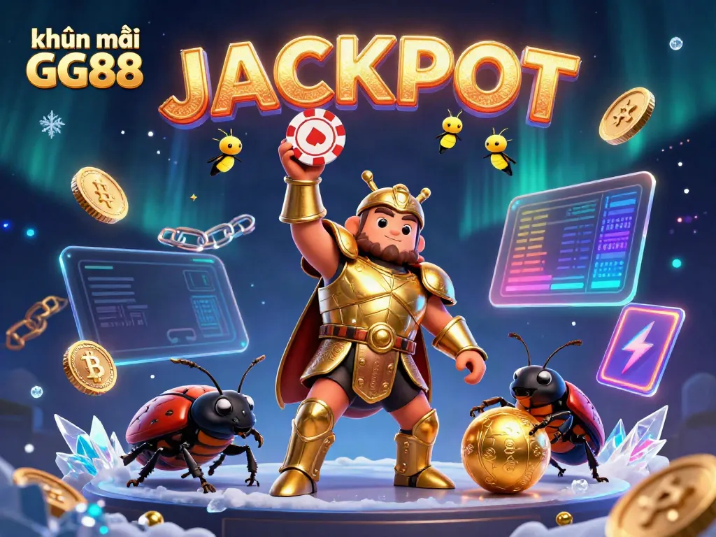 Engage with exciting khuyến mãi GG88 as a victorious beetle lifts a poker chip in a rich casino landscape.
