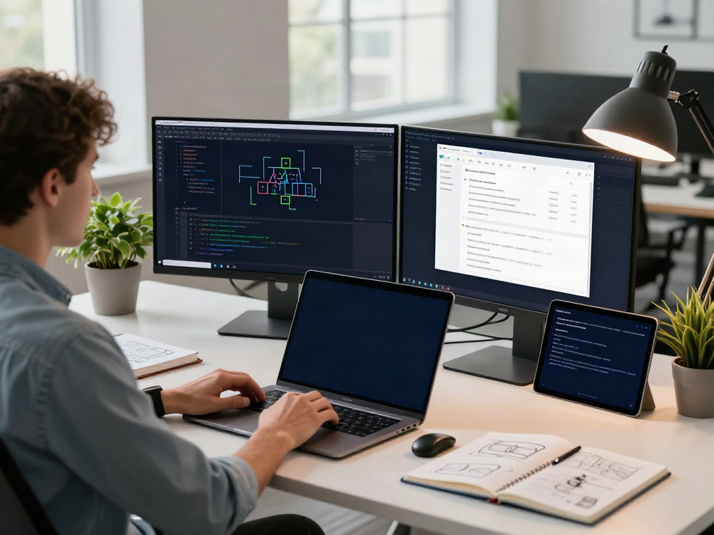 Developer working on Brave browser coding in a modern tech workspace