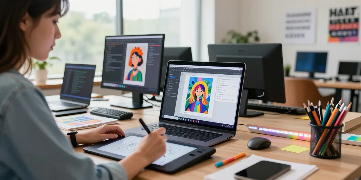 Creative workspace using an AI image generator to create stunning visuals with digital drawing tools.