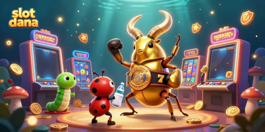 Slot dana menunjukkan mesin slot warna-warni dan karakter lucu di arena perjudian.