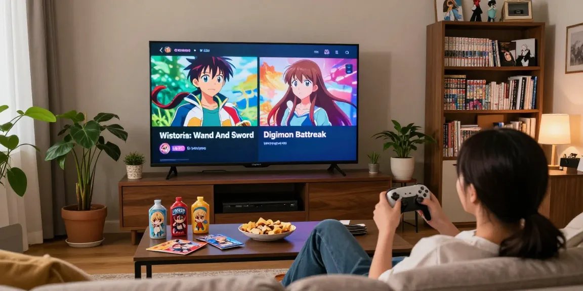 Anime Sub streaming scene with viewer enjoying anime in cozy home setting.