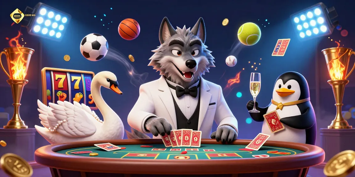 Jouez au casino en ligne avec ce personnage de loup élégant aux tables de baccarat.