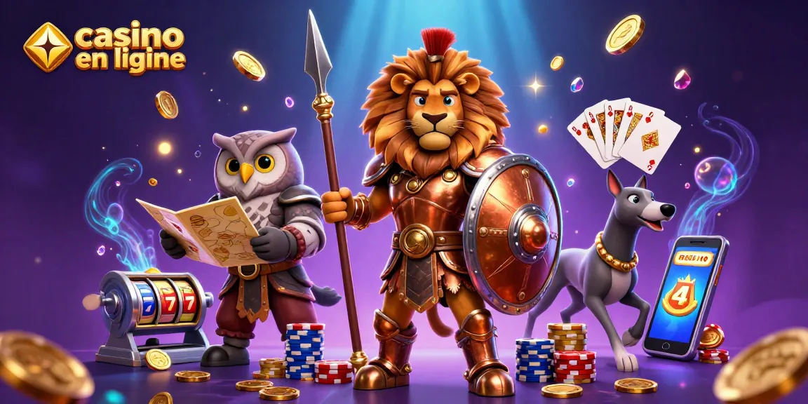 Profitez des jeux de casino en ligne avec un lion spartiate et des éléments lumineux.