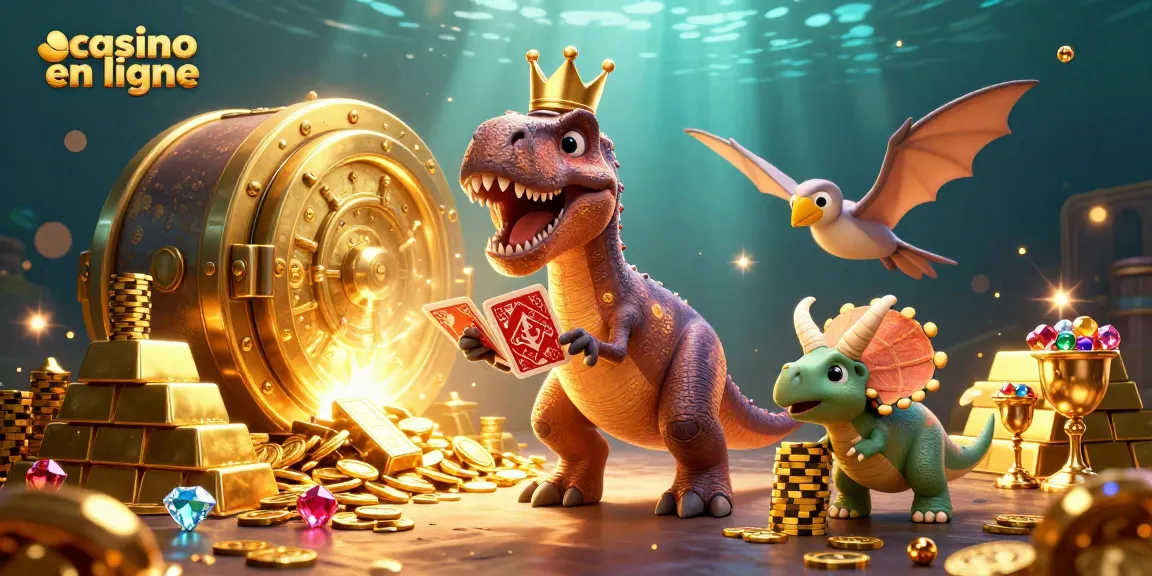 Profitez d'une expérience dans un casino en ligne dynamique avec des personnages dinosaure et des jetons d'or.