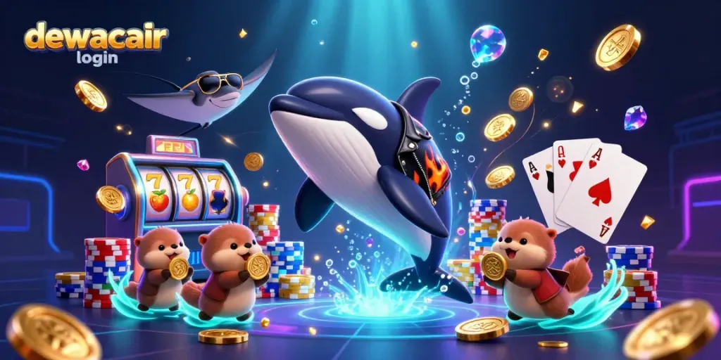 Engage with dewacair login through thrilling slot action with an orca, stingray, and otters in this casino scene.