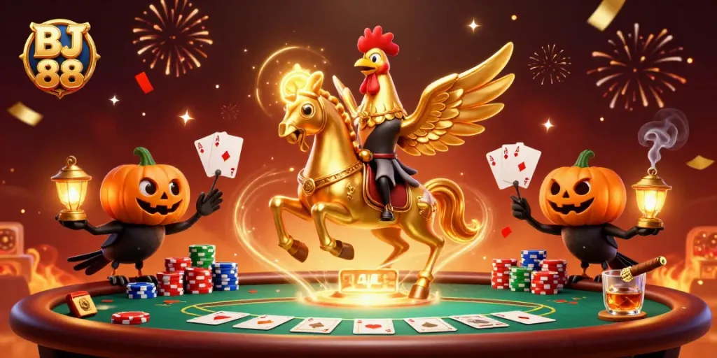Experience thrilling gaming action at BJ 88 with vibrant poker elements and magical characters.