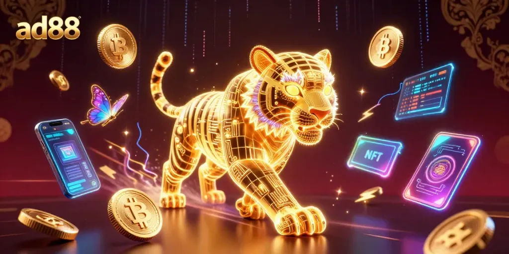 Play engaging games at ad88's vibrant casino with neon-lit elements and 3D visuals.