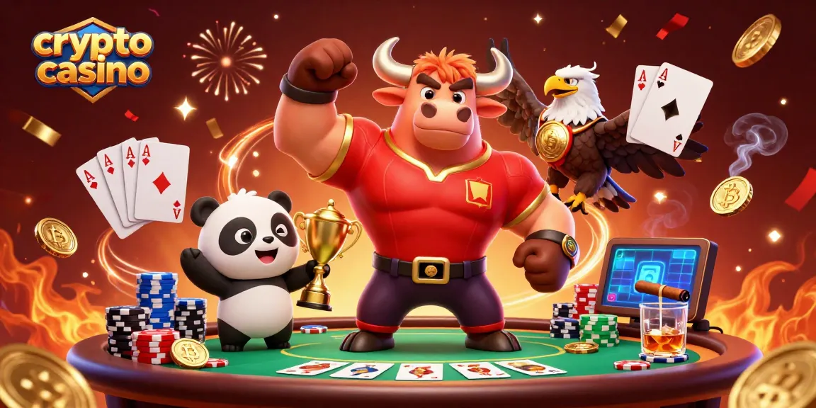 Célébrez la victoire dans ce crypto casino avec un taureau mascotte, un aigle, et un panda avec un trophée.