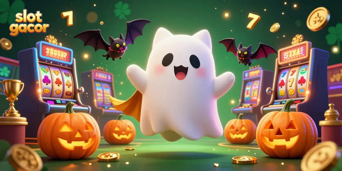 Experience big wins with slot gacor, featuring a ghost cat and charming elements in a vibrant casino scene.