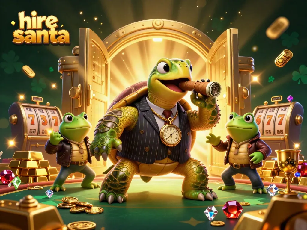 Engaging scene to hire Santa, showcasing a turtle in a mobster suit as a casino character among slots.