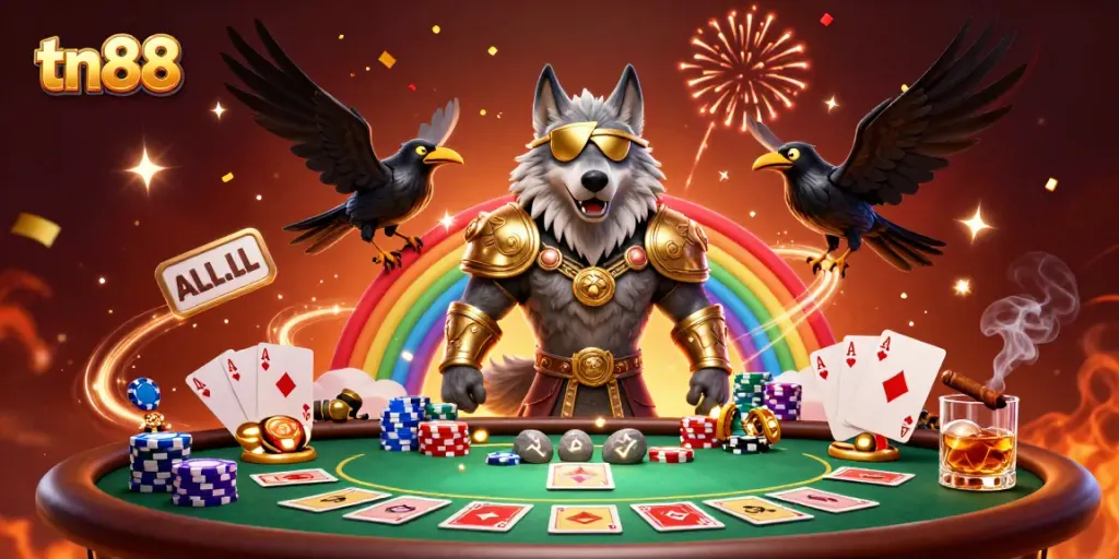 Experience the thrilling tn88 casino with vibrant action, poker elements, and Norse mythology design.