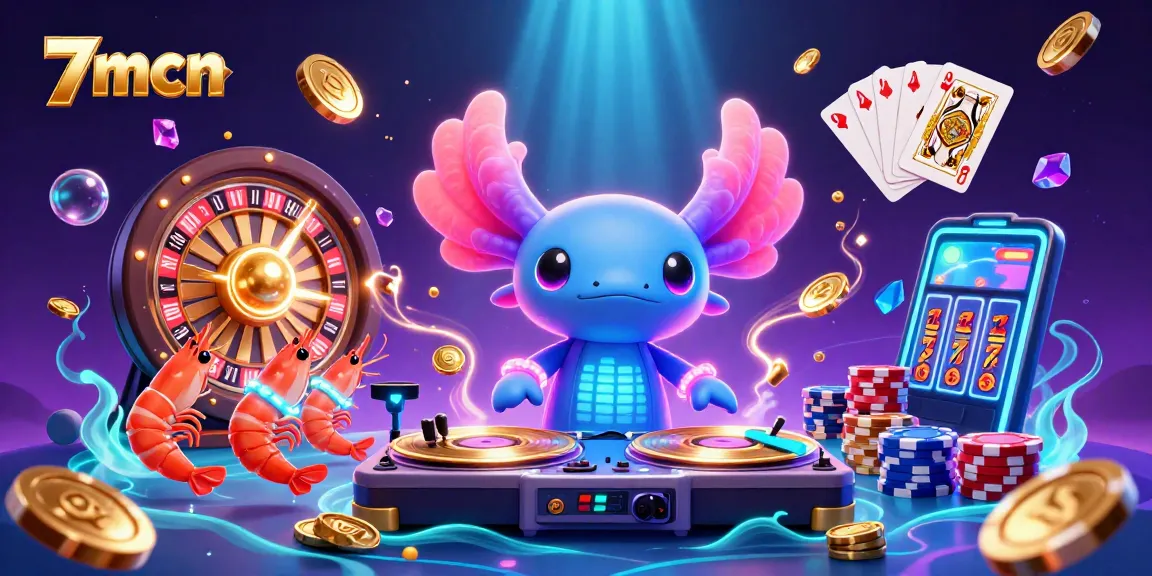 Join the vibrant scene with 7mcn's energetic axolotl DJ performing live with glowing gambling elements.
