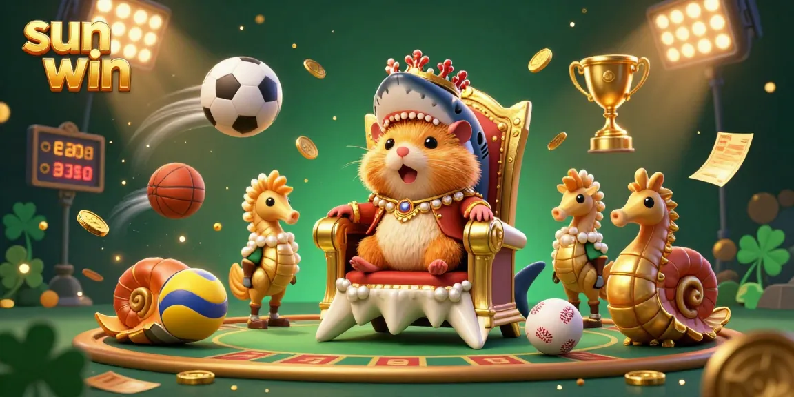 Experience thrilling gameplay at sun win with an energetic visual of a dynamic betting scene featuring a hamster king and vibrant sports elements.