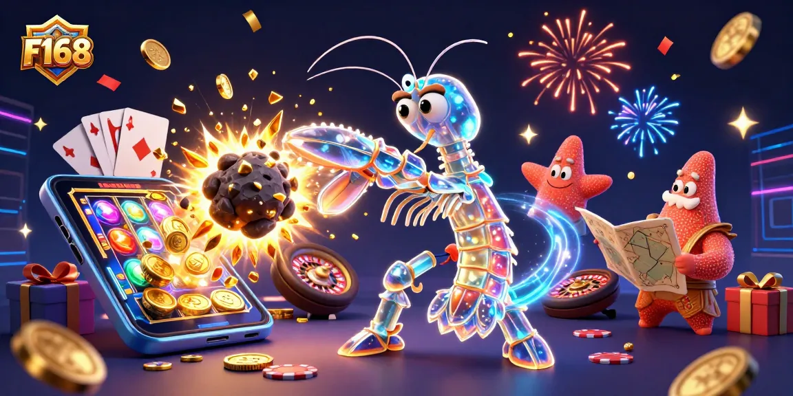 F168 showcases a thrilling cosmic scene with a galactic samurai shrimp amidst golden treasures and vibrant casino elements.