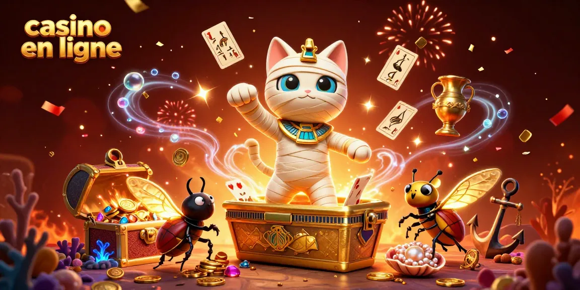 Admirez l'illustration vibrante du casino en ligne avec une momie égyptienne, un scarabée, et des cartes flottantes dans un cadre dynamique.