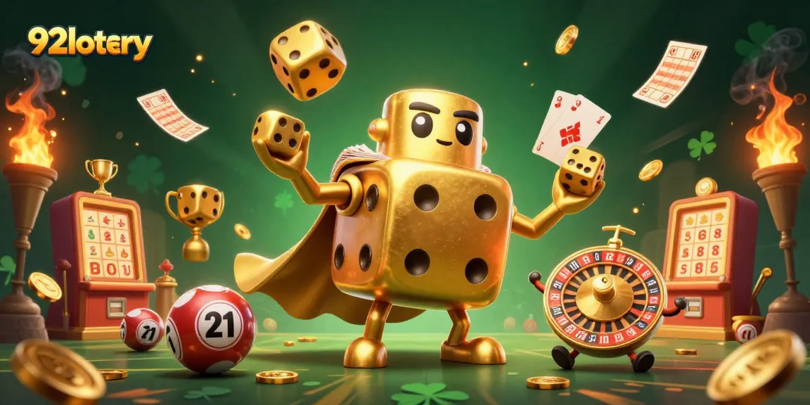 Engage with 92lottery through vibrant lottery elements and golden treasures in a dynamic, whimsical scene.