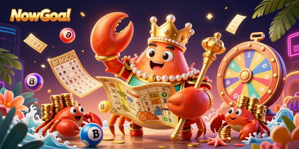 NowGoal delivers an exciting lottery-themed casino scene with a golden crab emperor amidst colorful elements.