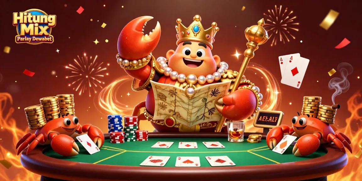 Hitung Mix Parlay Dewabet showcases a golden crab emperor leading a vibrant casino scene filled with poker chips and celebratory effects.
