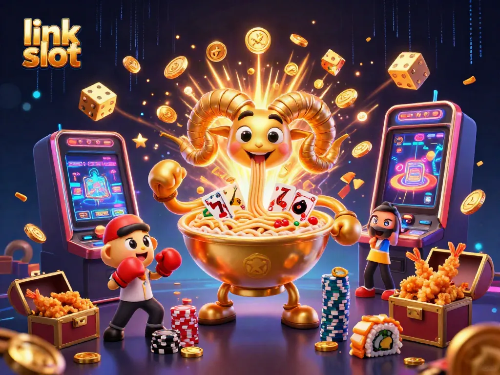 Experience the excitement of link slot with a vibrant 3D illustration featuring casino gameplay action.