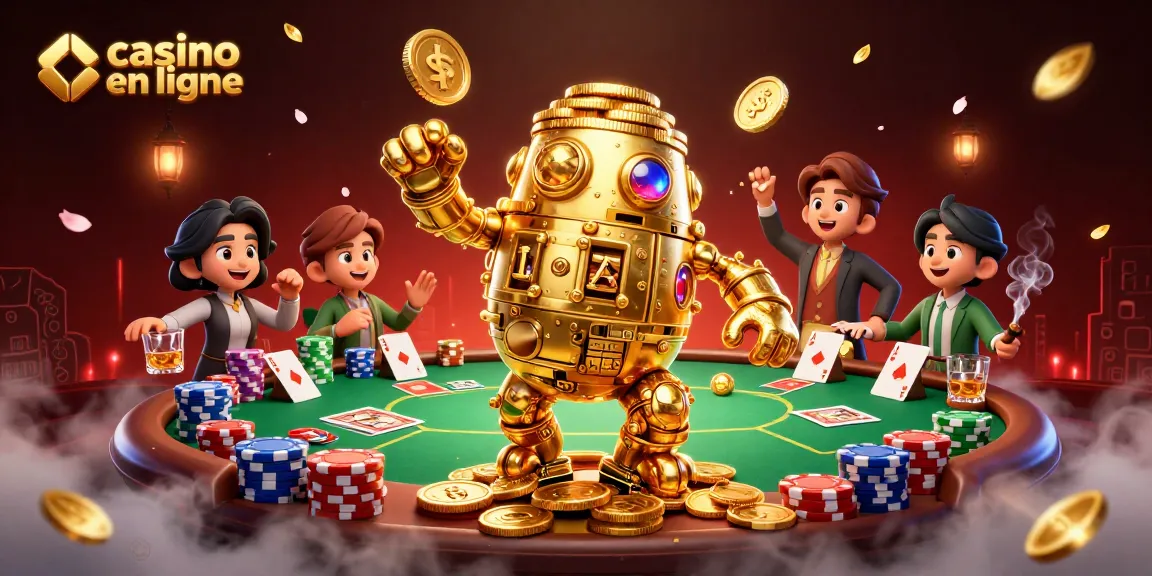 Illustration dynamique de casino en ligne avec un golem d'or et des éléments de poker visibles.