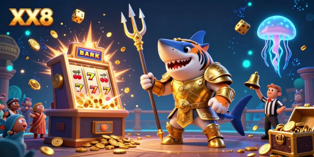 Experience the exciting XX8 online casino with a vibrant underwater gambling scene, featuring a tiger shark in gladiator armor.
