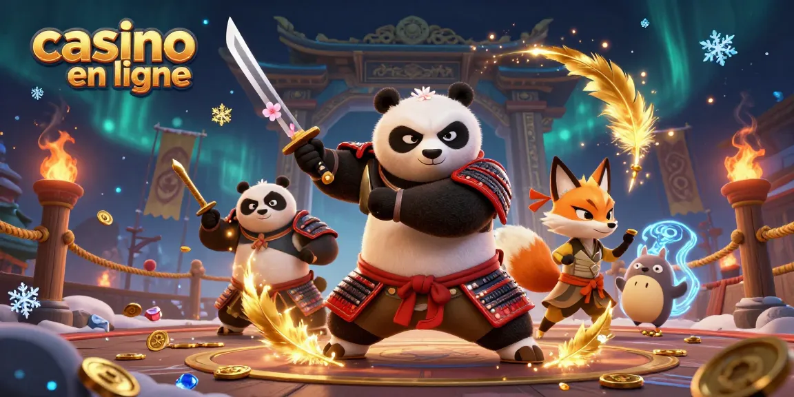Jouez au casino en ligne avec le samouraï panda et ses alliés dans une scène magique.