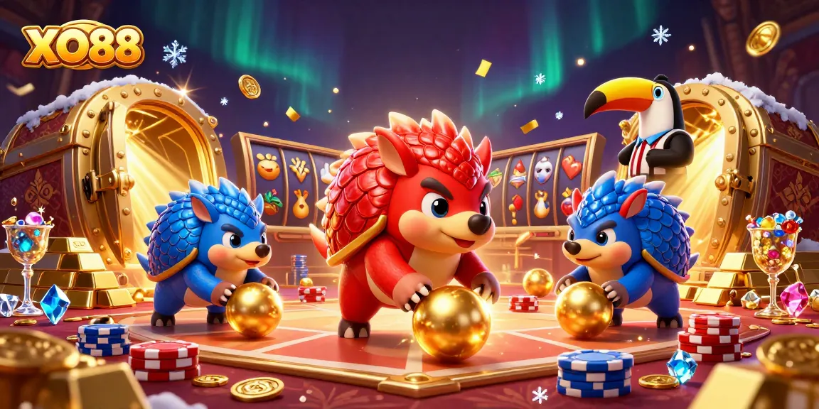 Experience excitement with XO88 as rival pangolins roll through golden balls and poker chips.