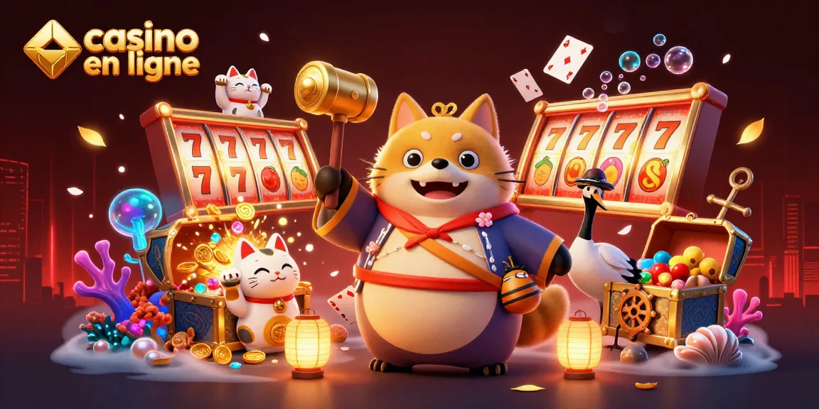 Profitez d'une illustration festive de casino en ligne avec un tanuki, un héron et des maneki-neko, symboles de chance.