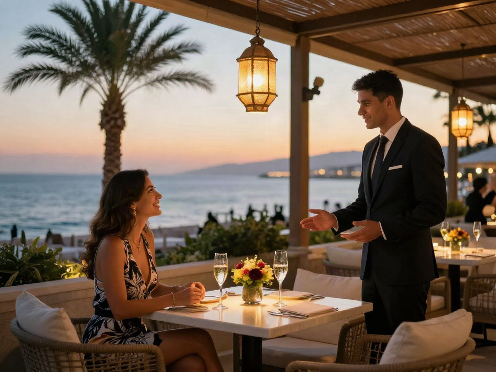 Antalya Merkez Escort enjoying a sunset at luxurious coastal lounge, exuding elegance and sophistication.