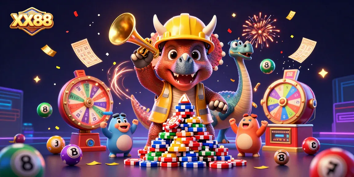 Engage with vibrant XX88 gaming excitement featuring characters celebrating by building a pyramid of poker chips.
