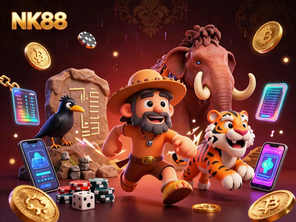 Engage in thrilling casino adventures with NK88's dynamic prehistoric scene filled with vibrant game elements.
