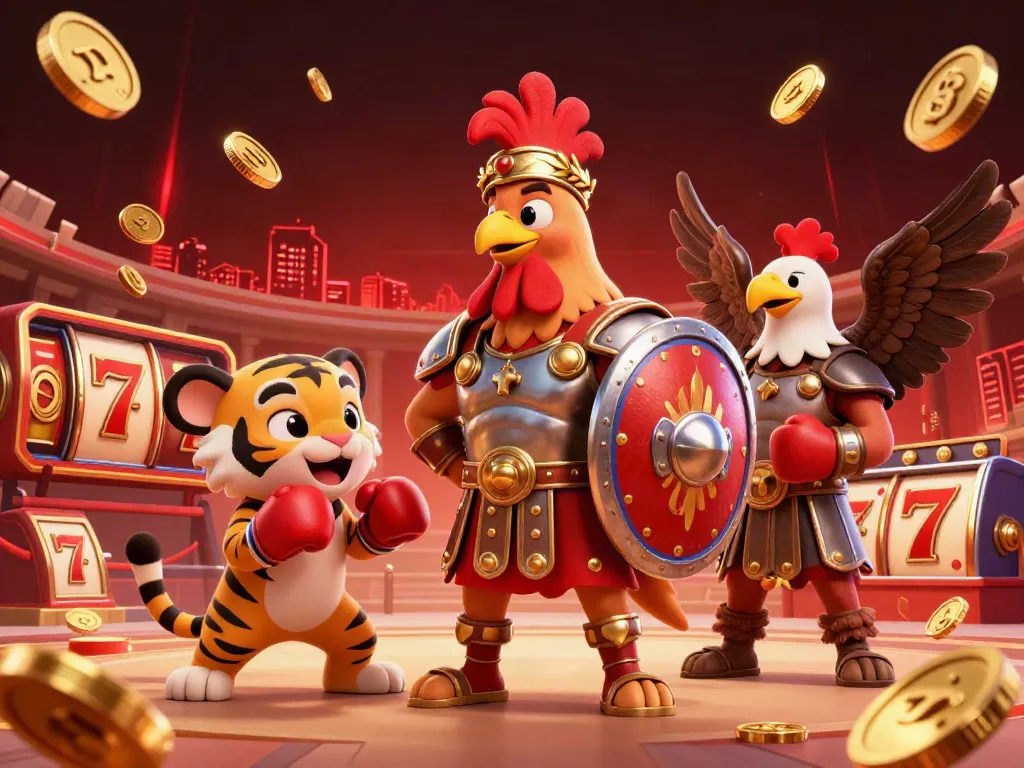 Experience the excitement of sun win with a vibrant 3D scene featuring a gladiator rooster and casino elements.