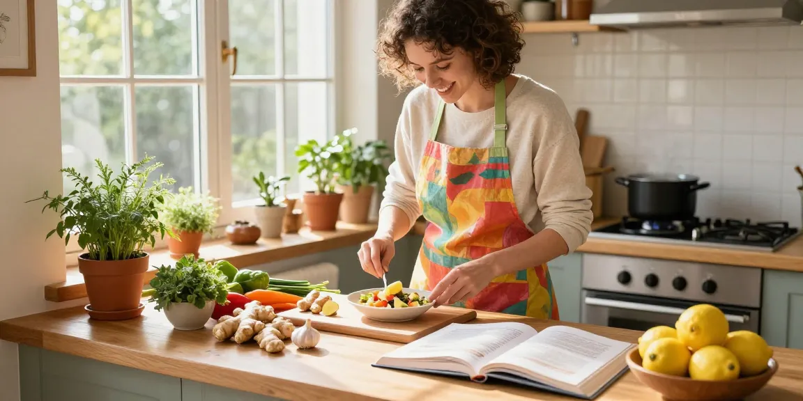 Healthy ingredient preparation with ginger, emphasizing culinary creativity and wellness, featuring fresh vegetables and a sunny kitchen atmosphere.
