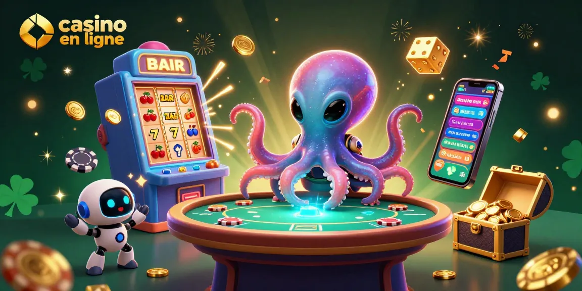 Image captivante représentant un casino en ligne avec un poulpe extraterrestre jouant au poker entouré de machines à sous et de dés dorés.