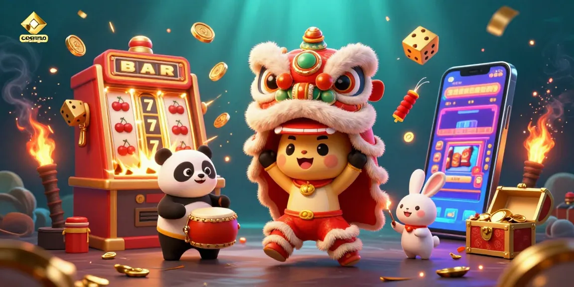 Visualisez l'expérience dynamique de jeu avec "casino en ligne" où un lion de danse chinoise et des personnages festifs célèbrent la victoire.