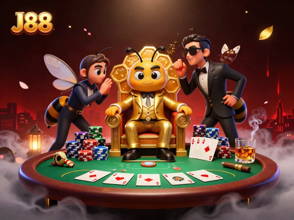 Engage in thrilling poker action with J88's imaginative 3D casino scene showcasing a mob boss and bodyguards.