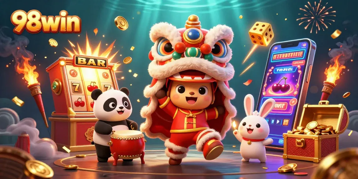 Experience vibrant gaming at 98win with a dynamic illustration of a jackpot celebration.