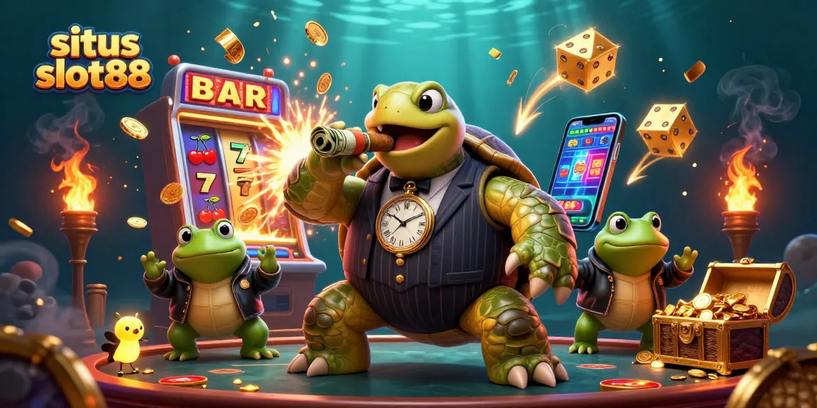 Experience the excitement of situs slot88 with a vibrant 3D scene featuring unique gambling characters and jackpot action.