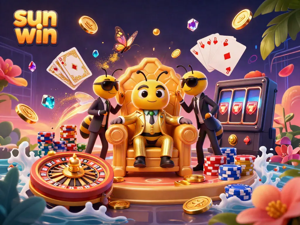 Experience the thrill of sun win with a lively cartoon bumblebee mob boss surrounded by dynamic casino elements.