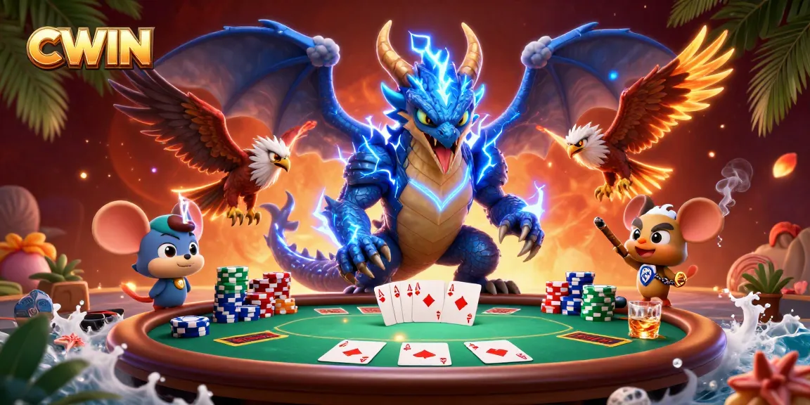 CWIN showcases a vibrant casino scene with fantastic characters, poker elements, and dynamic animations winning at games.