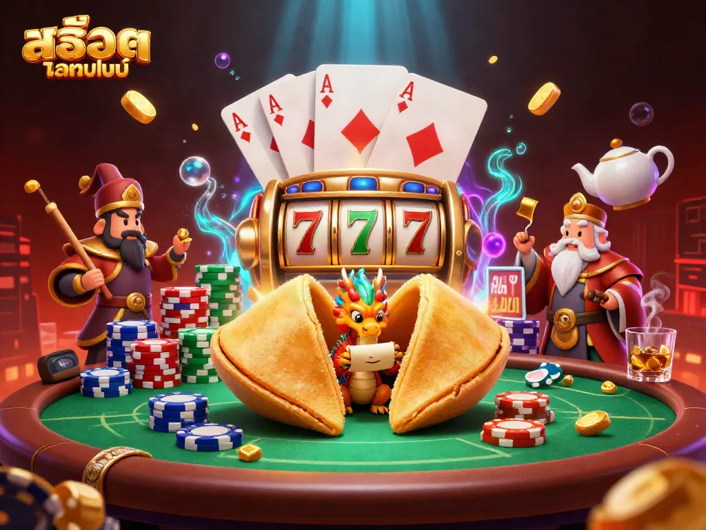 Experience สล็อตออนไลน์ excitement with a dynamic scene of a golden fortune cookie and slot game elements.
