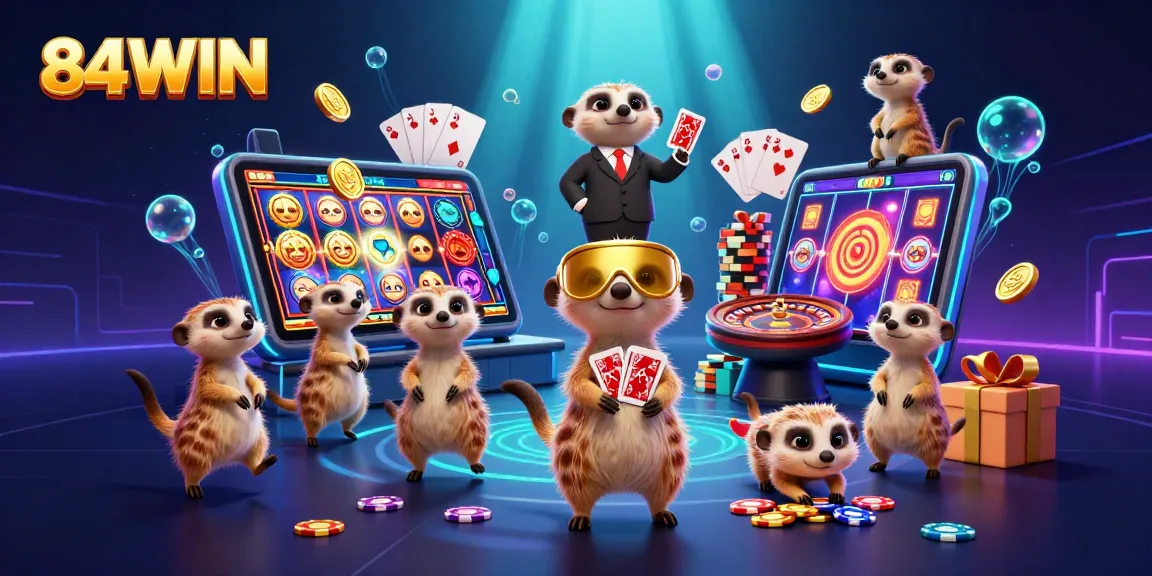 Experience the excitement of 84WIN's online casino with a vibrant meerkat-themed illustration depicting lively gambling activities.