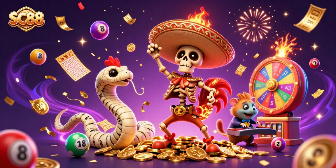 Join the thrilling celebration at SC88 with a vibrant casino scene featuring a mariachi rooster and colorful lottery elements.
