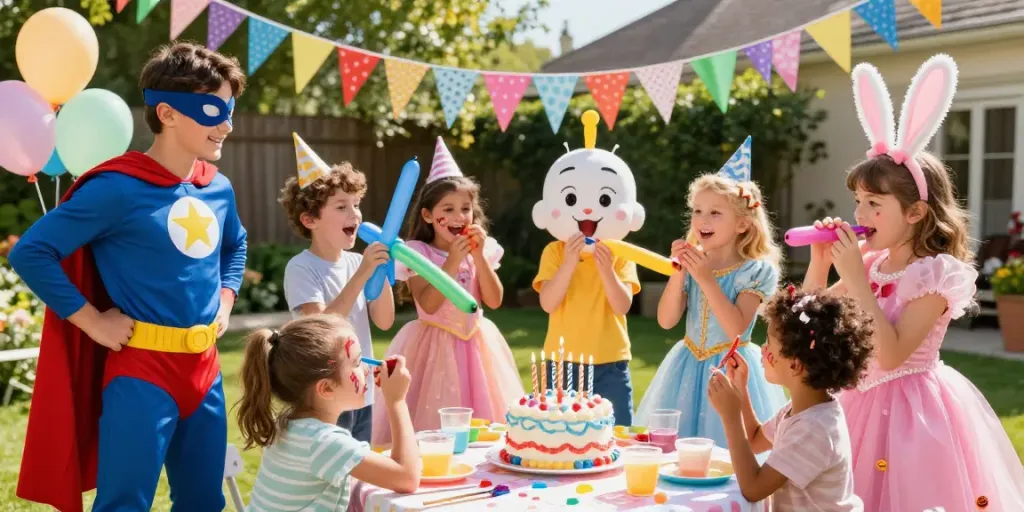 Kids enjoying a birthday party with cheerful birthday party characters, including a superhero and princess.