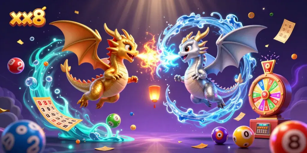 Experience the thrill of winning at xx8 with dragons, prizes, and vibrant lottery elements.