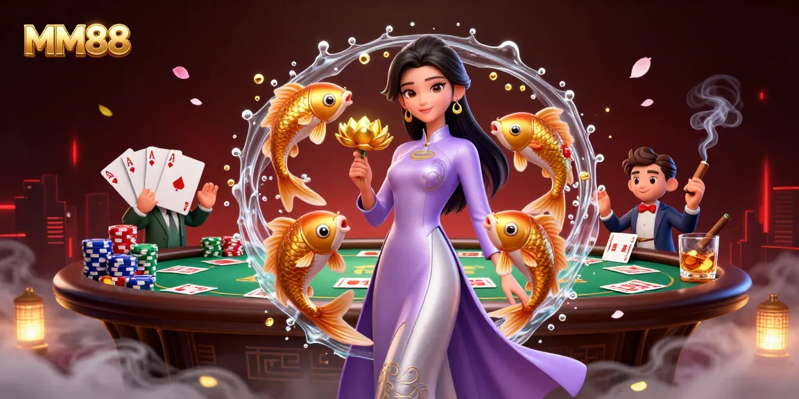 Experience the thrill of MM88 with a vibrant scene showcasing a graceful Asian woman and a lively poker table, embodying casino excitement.
