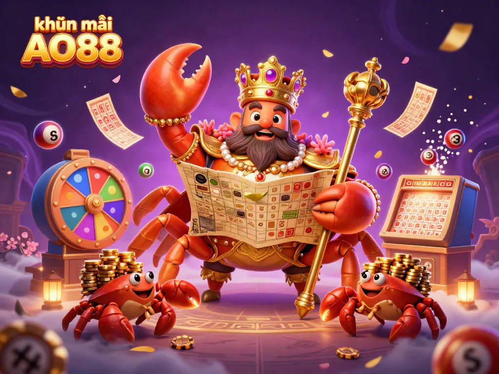 Engage with the exciting khuyến mãi AO88 featuring vibrant lottery elements and golden crab characters.